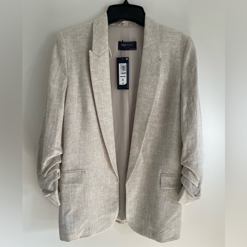 Marks & Spencer Linen Blazer Ruched Sleeves Natural